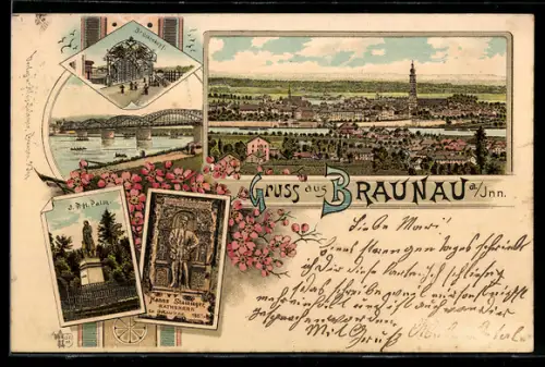 Lithographie Braunau a. Inn, Panorama mit Innbrücke und Kirchturm, Brücke