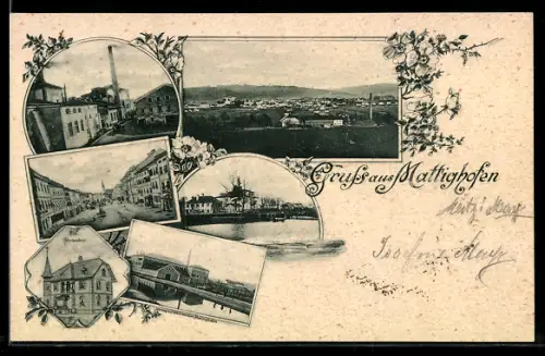 AK Mattighofen, Panorama, Villa Schreckeneder, Fabrik mit Schornstein