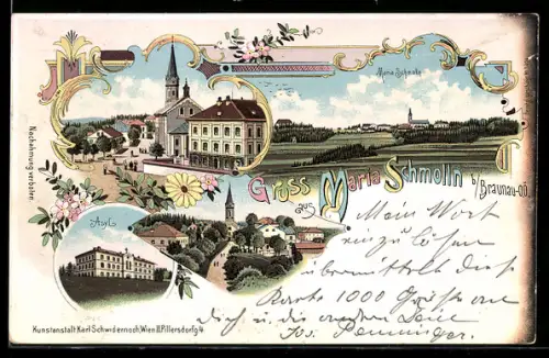 Lithographie Maria Schmolln b. Braunau, Ortsansichten mit Kirche und Asyl