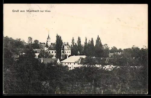 AK Buchkirchen /O.-Oe., Mistelbach bei Wels, Ortspartie mit Kirche