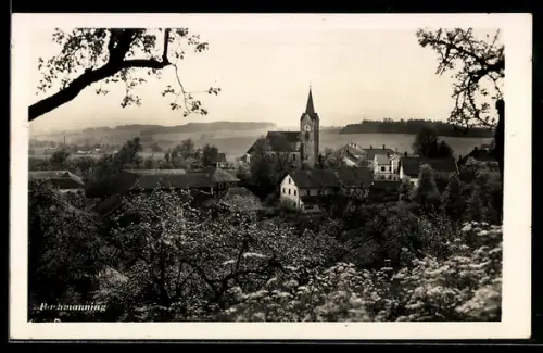 AK Bachmanning, Ortsansicht mit Kirche und Umgebung