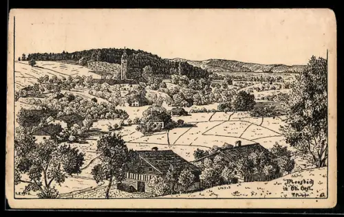 Künstler-AK Moosbach /Ob.-Oest., Ortspartie mit Kirche