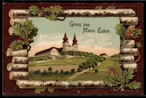 Künstler-AK Maria Taferl, Wallfahrtskirche, Baumstämme mit Eichenzweigen, Passepartout