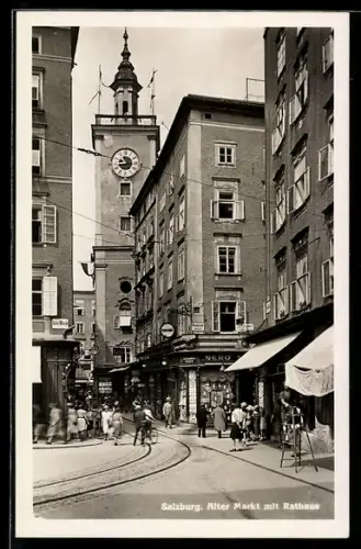 AK Salzburg, Alter Markt mit Geschäften und Rathaus