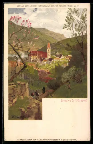 Lithographie Spitz a. d. D., Teilansicht mit Kirche