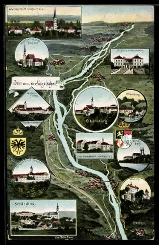 AK Schärding, Inn aus der Vogelschau mit Ortsvignetten, Obernberg, Vormbach und Neuburg