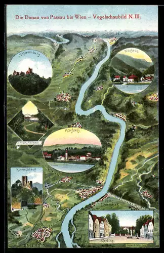 Künstler-AK Eugen Felle: Passau, Die Donau von Passau bis Wien mit Schaumburg, Ruine Stauf und Neuhaus