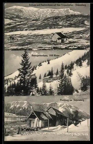 AK Baumgartnerhaus, Berghütte im Schnee, Dolinen und Damböckhaus auf dem Ochsenboden, Puchberg am Schneeberg