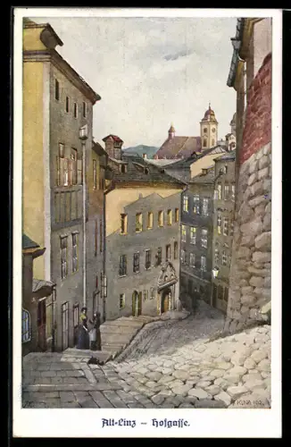 Künstler-AK Alt-Linz, Hofgasse, Frauen auf den Stufen