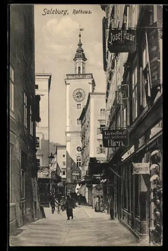 AK Salzburg, Geschäftszeile und Gasthof zur Goldenen Birn am Rathaus