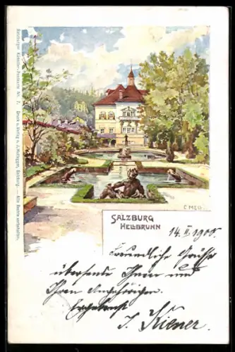 Lithographie Salzburg, Gartenpartie am Schloss Hellbrunn