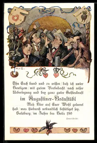Künstler-AK Hubert von Zwickle: Salzburg, Gasthaus Augustiner-Bräustübl, Biertrinker, Affe