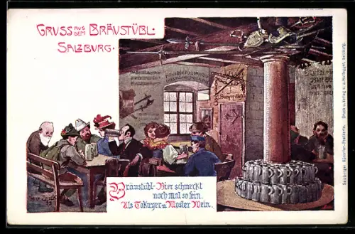 Lithographie Salzburg, Bräustübl mit Gästen