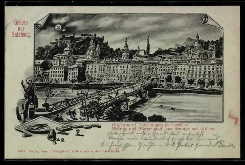 Mondschein-Lithographie Salzburg, Brücke, Türme und Häuser aus der Sicht eines Betrunkenen