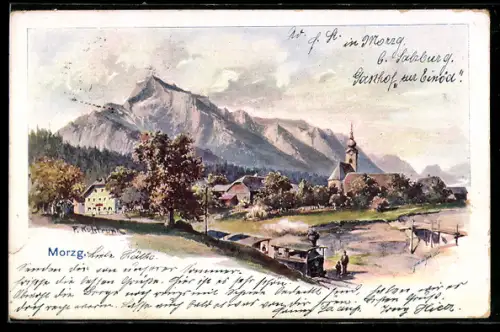 Künstler-AK Franz Kulstrunk: Morzg, Blick zum Ort, Eisenbahn