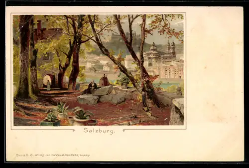 Lithographie Salzburg, zwei alte Männer unter herbstlichen Bäumen