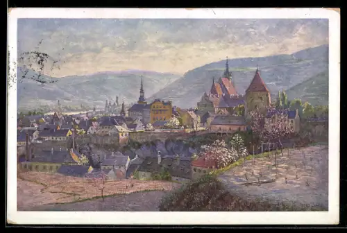 Künstler-AK Krems a. D., Wachauer Marillen-Likör Oskar Wolter, Teilansicht mit Schloss