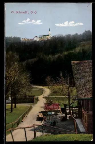 AK M. Schmolln /Ob. Öst., Panorama mit Kirche auf Hügel und Gehöft