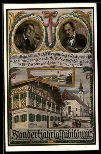 Künstler-AK Oberndorf, Stille Nacht-Jubiläum, Teilansicht mit Kirche und Fachwerkhaus, Dichter Mohr & Gruber