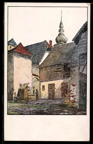 Künstler-AK Wels, Alter Hof in der Pfarrgasse