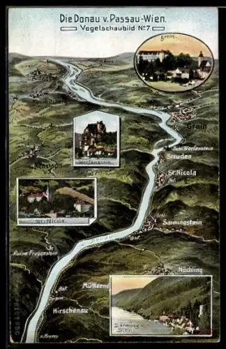 Künstler-AK Sarmingstein, Die Donau von Passau bis Wien, St. Nicola, Werfenstein