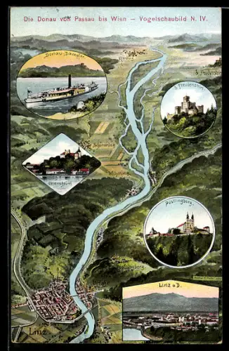 AK Linz, Vogelschaubild mit Linz, Ottensheim und Pöstlingberg