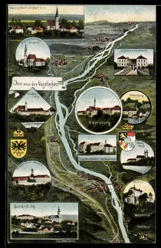 AK Obernberg, Inn aus der Vogelschau mit Ansichten von Schärding und Obernberg