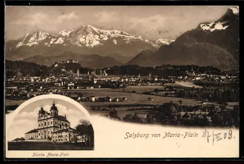 AK Salzburg, Panorama von Maria-Plain mit Kirche