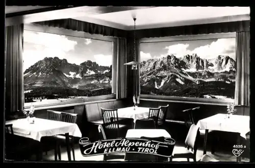 AK Ellmau /Tirol, Hotel Alpenhof, Speisesaal mit Panoramablick