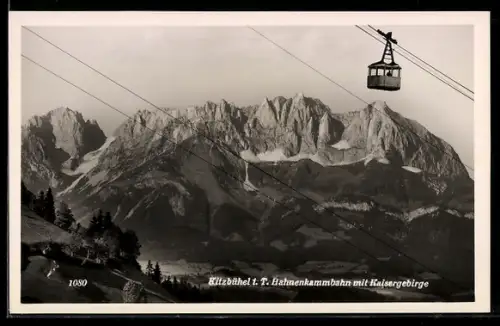 AK Kitzbühel i. T., Hahnenkammbahn mit Kaisergebirge & Seilbahn