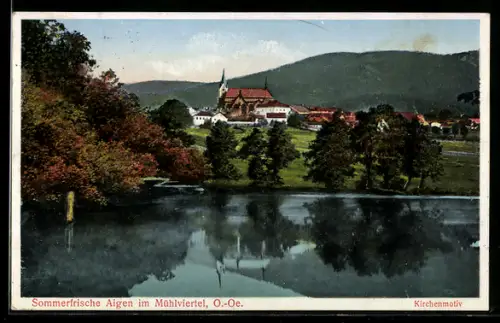 AK Aigen im Mühlviertel, Kirche mit See und Spiegelung