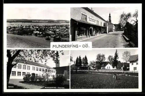 AK Munderfing /O. Ö., Panorama, Strasse mit Geschäften und Kirche, Schule