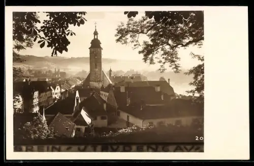 AK Grein /Strudengau, Panorama mit Kirchturm und Häusern, Bäume im Vordergrund