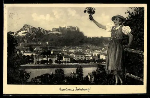AK Salzburg, Panorama mit Festung Hohensalzburg und Salzach