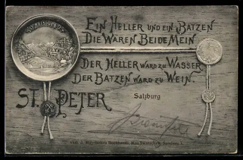 AK Salzburg, St. Peter, Schrifttafel mit Spruch und Medaillon