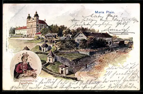 Lithographie Maria Plain, Kirche mit Gnadenbild und Ortsansicht