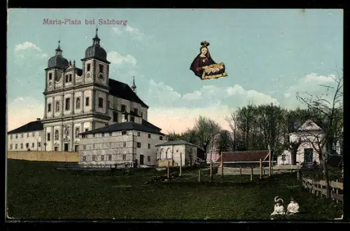 AK Maria-Plain bei Salzburg, Kirche mit Kapelle und Wiese