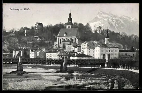 AK Salzburg-Mülln, Panorama mit Brücke und Kirche
