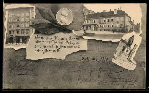 AK Salzburg, Collage mit Mozart-Medaillon und Stadtansichten