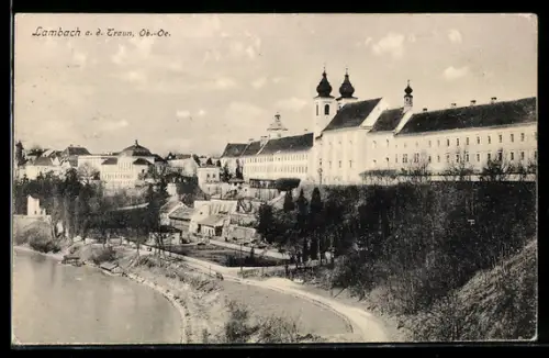 AK Lambach a. d. Traun, Stift mit Kirche und Traunufer