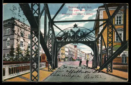 AK Braunau am Inn, Blick mit Bezirksbauamtsgebäude und Zollamt, Brücke