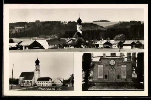 AK Auerbach /O. Ö., Panorama mit Kirche und Kriegerdenkmal