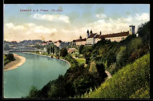 AK Lambach a. d. Traun, Klosteranlage mit Kirche und Fluss
