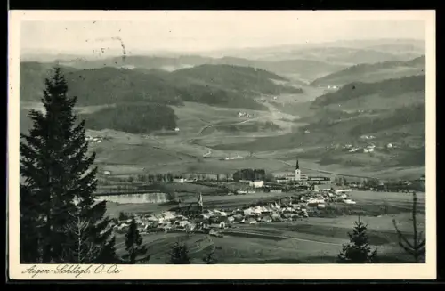 AK Aigen-Schlägl /Ob. Öst., Ortsansicht mit Kirchen und Talpanorama