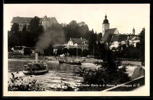AK Grein a. d. Donau, Donaupartie mit Dampfer, Schloss und Kirche