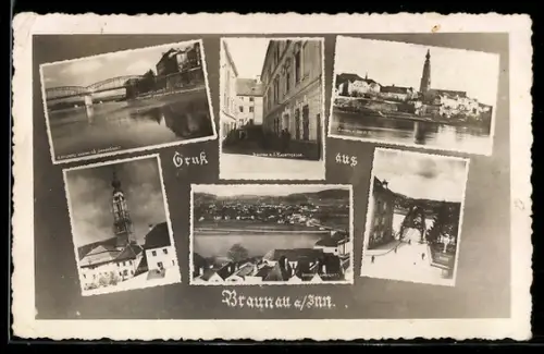 Foto-AK Braunau a /Inn, Brücke, Innbrücke, Kaserngasse, Stadtsilhouette mit Kirchturm