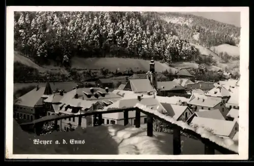 AK Weyer a. d. Enns, Panorama mit Kirche und verschneiten Dächern