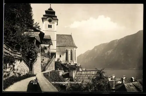 AK Hallstatt /Salzkammergut, Kirche mit See und Gebirgspanorama