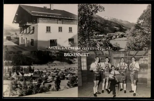AK Mühlbach im Oberpinzgau, Bäckenwirt, Ortspanorama, Musikanten
