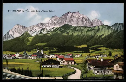 AK St. Johann in Tirol, Panorama mit dem Wilden Kaiser